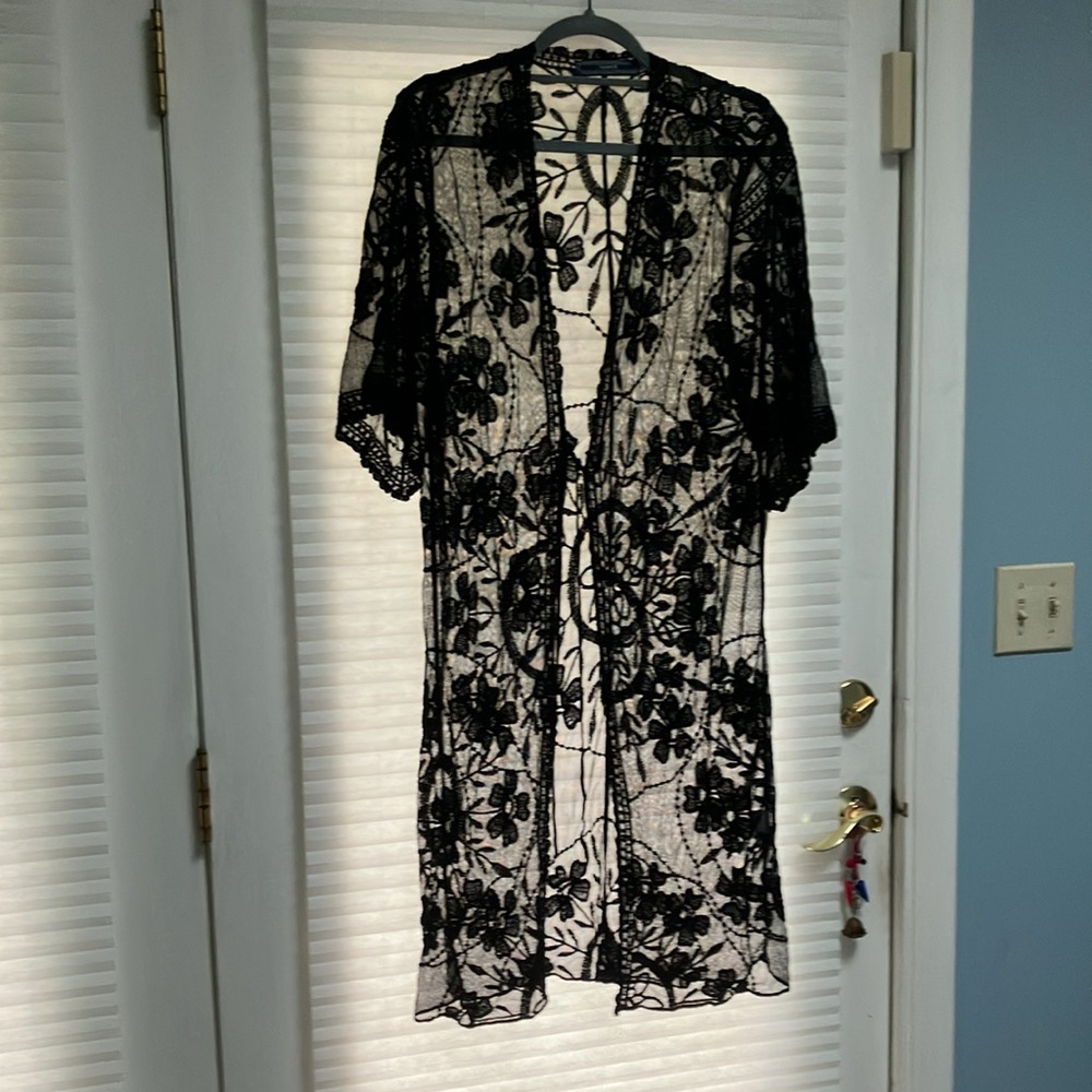 Highness Black Lace Kimono Beach CoverUp Open Cardigan One Size Fits Most